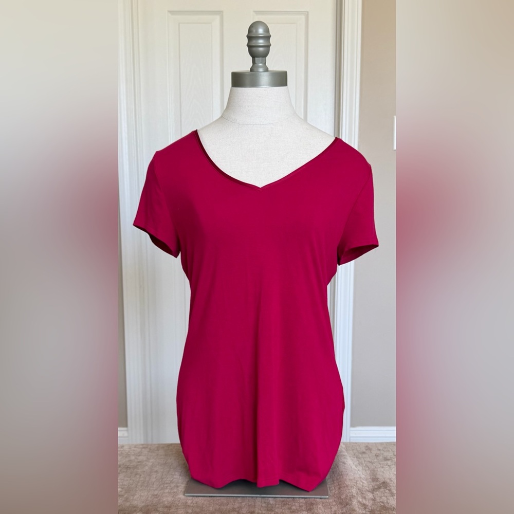 White House Black Market Short Sleeve V-Neck Tee in a pretty bright pink color